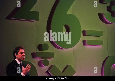 Prime Minister Tony Blair speaking at the start of the Countdown to Maths year 2000 at the QE2 Centre Stock Photo