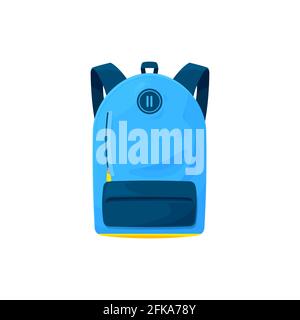 Kids schoolbag isolated vector icon, cartoon student rucksack of blue color with slip pocket and zip locks. Hiking backpack, touristic knapsack or sch Stock Vector