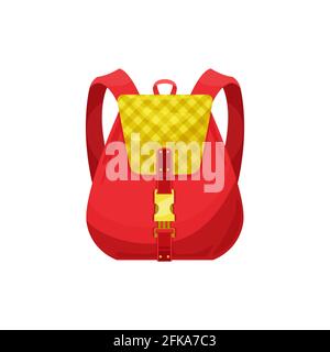 Kids schoolbag isolated vector icon, red cartoon school bag with checked print and gold clasp. Student rucksack, baby backpack or knapsack on white ba Stock Vector