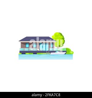 Modern house on water isolated icon. Vector beach house building, villa or cottage. Real estate seashore and bungalow. Home on seaside of tropical isl Stock Vector