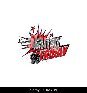 Comics bubble for black friday shopping isolated vector icon. Cartoon pop art retro sound cloud blast explosion with stars and percent symbol. Boom ba Stock Vector