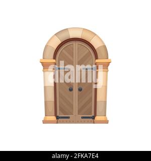 Gate, fairytale oak wood door and doorway of stone, door to dungeon isolated flat cartoon icon. Vector wooden gate, stronghold entrance to castle, hou Stock Vector