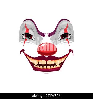 Scary clown face vector icon, funster mask with makeup, red nose, squinted eyes and creepy smile with sharp yellow teeth. Halloween character emoticon Stock Vector