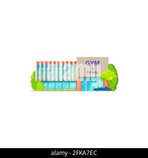 Private property fitness gym center with parked car isolated facade exterior. Vector front view of beauty fitness gym modern building. Public architec Stock Vector