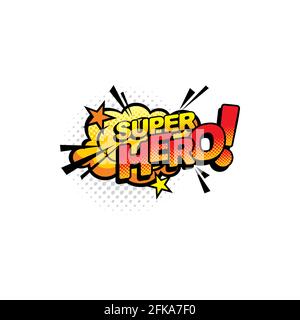 Super hero pop art comics half tone bubble vector icon. Cartoon retro sound cloud blast explosion with stars and dotted pattern. Halftone superhero bo Stock Vector