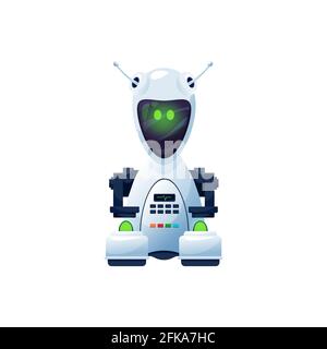 Cartoon robot vector cyborg character. Artificial intelligence technology, friendly toy or bot with digital glow face, green eyes and heart beating li Stock Vector