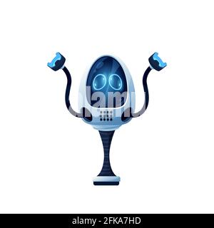 Electronic android automation, cyberpunk manufacturing cyborg isolated icon. Vector robot with hands on stand, character with flexible arms. Vector ro Stock Vector
