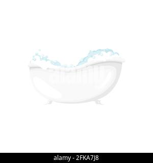 Soapy bubbles in bathtub bathroom object isolated cartoon icon. Vector bath-tub with froth and soap, bath or toilet room equipment. Health hygiene, sa Stock Vector