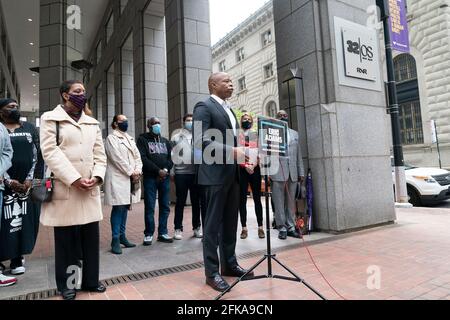 New York, United States. 29th Apr, 2021. Press conference by mayoral candidate and Brooklyn Borough President Eric Adams in Lower Manhattan. Eric Adams proposed how tackle gun violence in the city if elected as next mayor, specifically targeting illegal gun trafficking into the city. Adams proposal include creating a special citywide prosecutor for illegal guns. (Photo by Lev Radin/Pacific Press) Credit: Pacific Press Media Production Corp./Alamy Live News Stock Photo