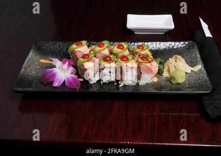 Traditional and authentic Japanese cusine know as a Sushi Roll Stock Photo