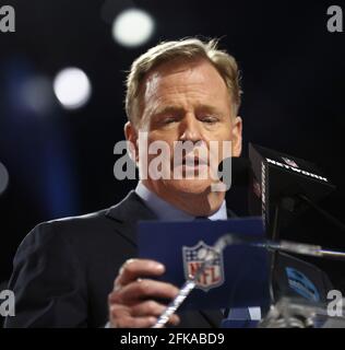 Cleveland, United States. 29th Apr, 2021. NFL Commissioner Roger Goodell  poses for a photo with Ja'Marr Chase after he was selected by the  Cincinnati Bengals with the number #5 pick at the