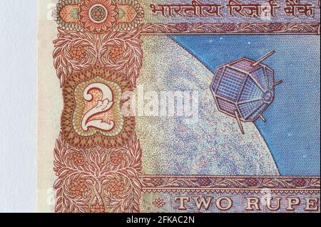 Mumbai Maharashtra India Asia April 20 2021 Reserve bank of india Aryabhata India's first satellite 1975 on two rupees old banknotes 2 rupees indian c Stock Photo