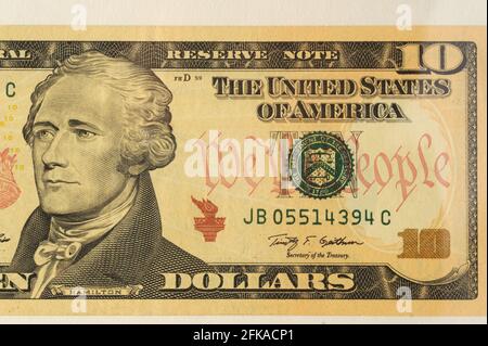 Mumbai India Asia April 22 2021 American Dollars closeup, Alexander Hamilton portrait, ten dollar bill Stock Photo