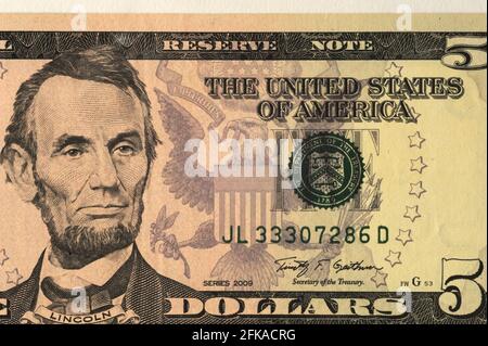 Mumbai India Asia April 22 2021 American five dollar portrait of Abraham Lincoln was an American statesman and lawyer Stock Photo