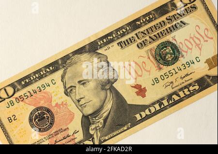 Mumbai India Asia April 22 2021 American Dollars closeup, Alexander Hamilton portrait, ten dollar bill Stock Photo