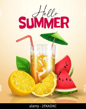 Hello summer vector poster design. Hello summer text with orange drink and watermelon fruit 3d realistic element for summer tropical season. Stock Vector