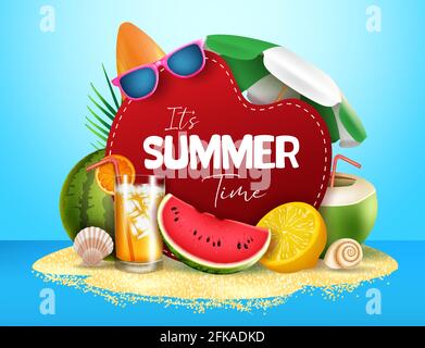 Summer time vector banner design. It's summer text in island with tropical fruit like watermelon, orange and coconut juice element for summer season. Stock Vector