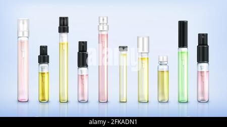 Perfume tester glass bottles. Fragrance sample in transparent tubes with black and white spray caps on blue background. Vector realistic set of 3d perfumery testers in clear vials Stock Vector