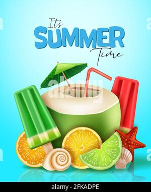 Summer time vector poster design. It's summer time text with coconut juice, popsicle and fruit 3d realistic element for summer tropical refreshment. Stock Vector