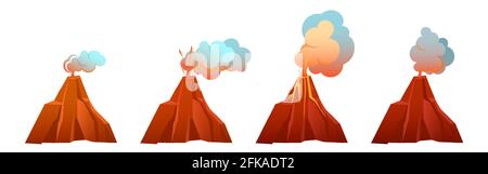 Volcanic eruption in different stages. Volcano erupts with flow lava, fire and clouds of smoke, ash and gases. Vector cartoon set of mountain with crater and hot magma isolated on white background Stock Vector