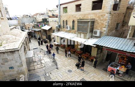 View of Al-Wad street in the Muslim quarter in the old city of Jerusalem. Stock Photo