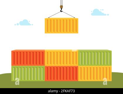 concept of worldwide delivery by marine transport or goods to world. Port crane lifts yellow container. Lots of shipping containers. Vector illustrati Stock Vector