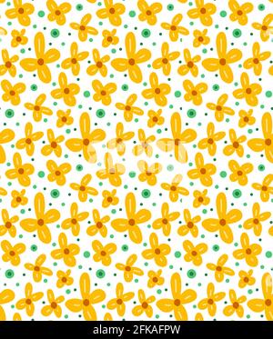 Seamless floral pattern with small yellow flowers and turquoise dots on a white background. Natural wallpaper. Vector texture with buttercup anemone f Stock Vector
