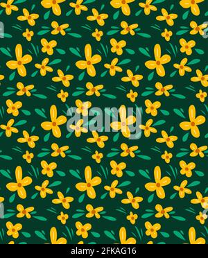 Seamless floral pattern with small yellow flowers and turquoise leaves on dark green background. Natural wallpaper. Vector texture with buttercup anem Stock Vector