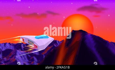 Arcade space ship flying to the sun over the landscape with 3D mountains, 80s style synthwave or retrowave illustration. Stock Vector