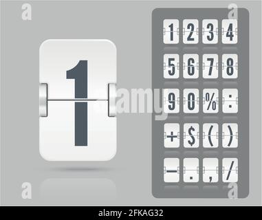 White analog flip airport board for countdown timer on grey background. Retro design scoreboard clock template. Vector modern ui design for old time meter or calendar with numbers and symbols. Stock Vector