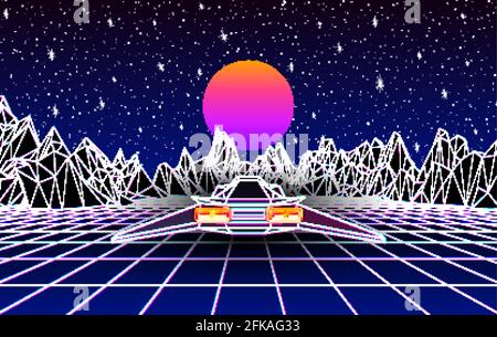 Arcade space ship flying to the sun over the landscape with 3D mountains, 80s style synthwave or retrowave illustration. Stock Vector