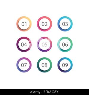 Arrow bullet point xcircle set on white background. Colorful gradient markers with number from 1 to 9 for your design. vector illustration Stock Vector
