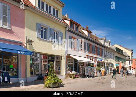 Bad Dürkheim, Germany - April 2021: Old buildings with small shops at town square called 'Statdplatz' in historic city center of spa town Bad Dürkheim Stock Photo