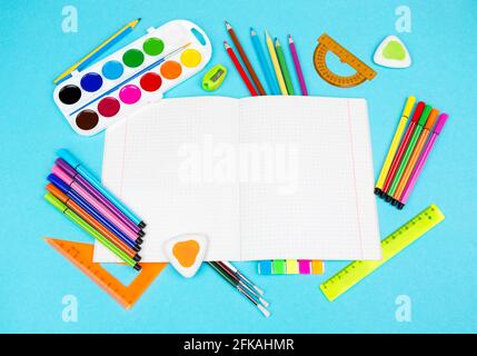 Back to school and education supplies. Notebooks and school supplies. Stock Photo