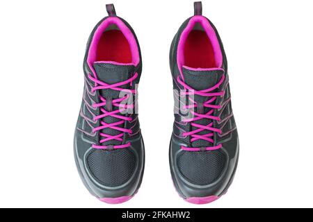 Top view of lightweight hiking boots shoes for women in black and pink, isolated on white background Stock Photo