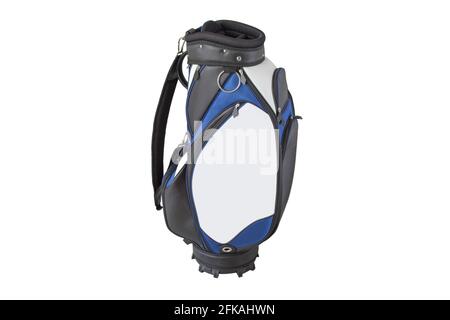 Front view of a multiple pockets golf bag in blue white black with quick release shoulder straps isolated on white background Stock Photo