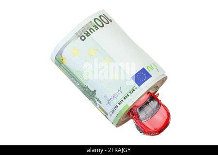 A red metal car inside a roll of banknote money isolated on white Stock Photo