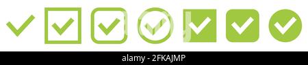 Green check mark icon set. Circle and square. Correct vector vote choise isolated symbols. Stock Vector