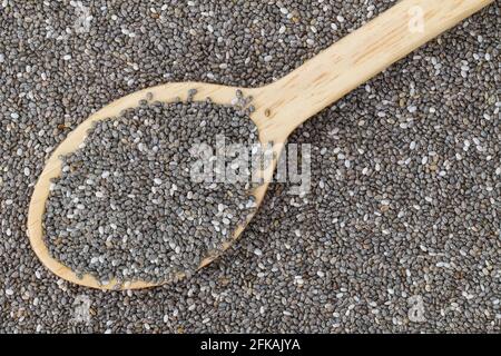 Top view of wooden spoon full of dried Chia seeds (Salvia hispanica) on Chia background Stock Photo