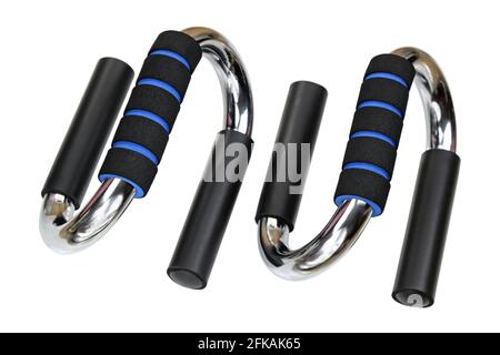 Shiny metal push up bars exercise tool with black and blue sponge holders isolated on white Stock Photo