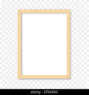 White blank picture with wooden frame. Realistic vertical picture frame mockup template. Vector illustration isolated on transparent background Stock Vector