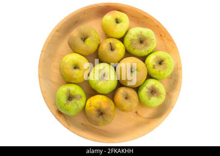 Wooden bowl full of imperfect looking organic apples with unconventionally raised method, no genetically modified organism techniques Stock Photo