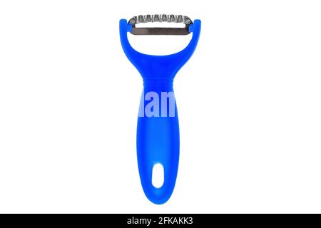 Stainless steel knife slicer tool in blue to shred fruit vegetable cheese, isolated on white background Stock Photo
