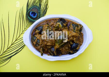 Delicious Indian brinjal curry specially made in south india known as Gutti Vankaya an Andhra party style side dish with peanut,sesame gravy. Eggplant Stock Photo