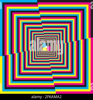 Stairs intersected trajectory frame illusion abstract background cyan magenta yellow black on transparent Stock Vector