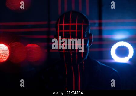 Concept Identification Illuminate Face Scan Red Laser. Biometric Futuristic Facial Recognition Scanning Stock Photo