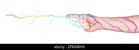 Conceptual image of a hand that is shooting out a bolt of lightning Stock Photo