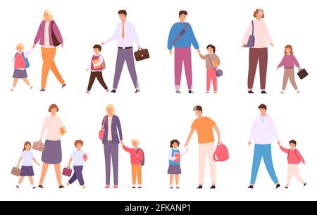 Parents take children to school. Crowd of happy students walk with family. Mother, father and kids with bags go back to school vector set Stock Vector