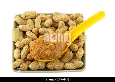 A spoon of creamy crunchy peanut butter on peanuts isolated on white Stock Photo