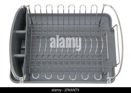Empty aluminum dish rack shelf with a gray tray for drying dish and kitchenware, isolated on white Stock Photo